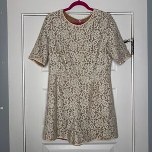 BCBGMaxazria Women Lace Floral Cotton Blend Short Sleeve Round Neck Romper Sz M